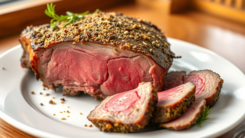 hero: beautifully roasted prime rib with golden-brown herb crust, sliced to show pink center, on white plate with garnish, photorealistic, natural window lighting, no text