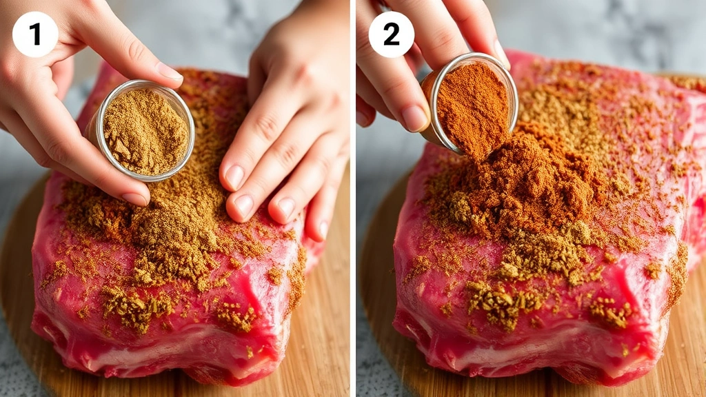 process: hands rubbing spice mixture onto raw prime rib, close-up of application technique, photorealistic, natural lighting, no text