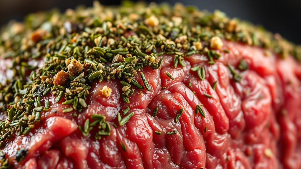 detail: extreme close-up of herb crust on prime rib showing texture and color detail, photorealistic, macro photography, natural lighting, no text
