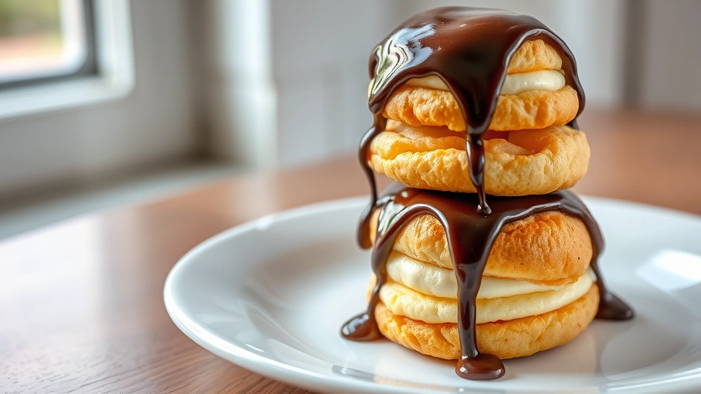 hero: stack of profiteroles with chocolate ganache dripping, golden choux pastry, creamy filling visible, served on white plate, photorealistic, natural window light, no text, 16:9