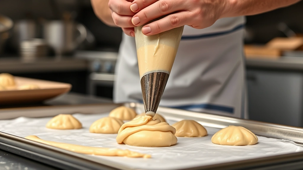 process: hands piping choux dough onto baking sheet, close-up of pastry bag, professional kitchen setting, photorealistic, natural light, no text, 16:9