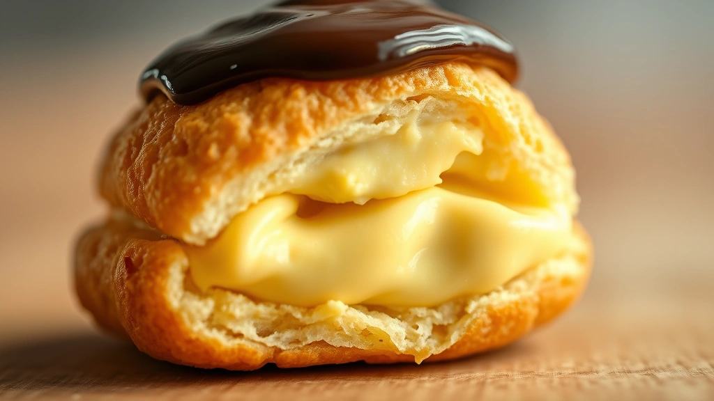 detail: cross-section of profiterole showing layers of pastry shell and creamy custard filling, chocolate sauce on top, shallow depth of field, photorealistic, natural light, no text, 1:1