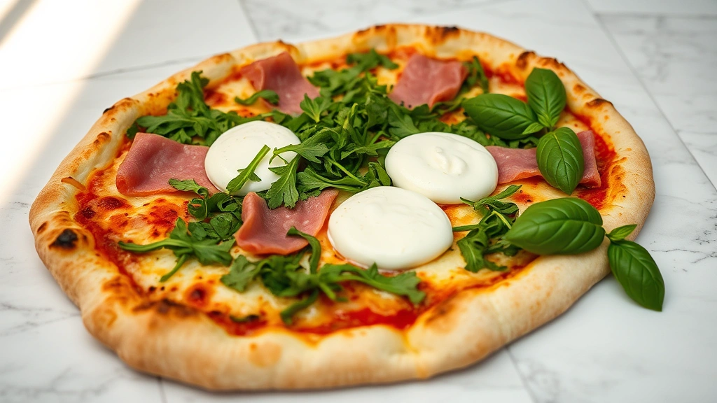 hero: finished prosciutto pizza with arugula and burrata on white marble surface, golden crispy crust visible, fresh basil garnish, afternoon natural light streaming from left, no text, appetizing and elegant