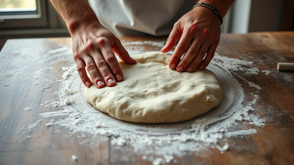 process: hands stretching pizza dough on floured surface, rustic wooden table, natural window light, close enough to see dough texture, professional food photography style