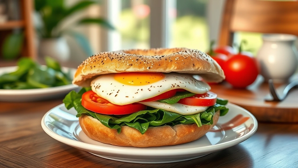 hero: beautifully plated protein bagel sandwich with egg, fresh spinach, and tomato, photorealistic, natural morning light streaming across wooden breakfast table, no text