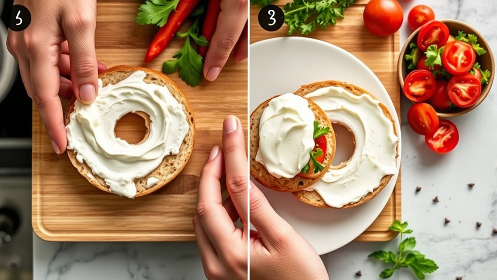 process: hands assembling the protein bagel with cream cheese spread and fresh ingredients, photorealistic, bright natural kitchen light, overhead angle, no text
