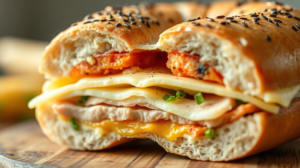 detail: close-up cross-section of finished protein bagel showing layers of egg, turkey, cheese and toppings, photorealistic, natural light, shallow depth of field, no text