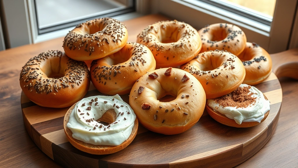 hero: freshly baked protein bagels arranged on a wooden board with cream cheese and toppings, photorealistic, natural window light, no text, warm golden-brown color, rustic breakfast setting
