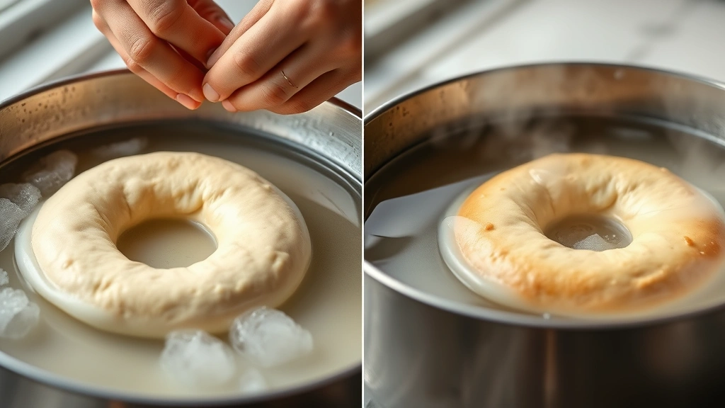 process: hands shaping bagel dough into rings, boiling bagels in water with steam rising, photorealistic, natural light, no text, showing the characteristic hole and chewy texture