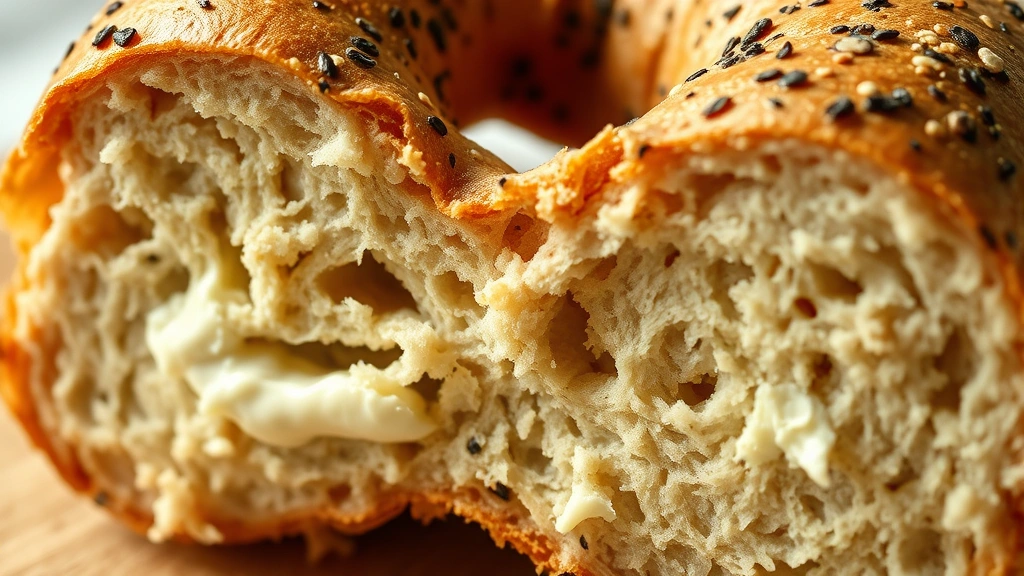 detail: close-up cross-section of a sliced protein bagel showing the dense crumb structure and chewy interior, photorealistic, natural light, no text, with cream cheese spread visible