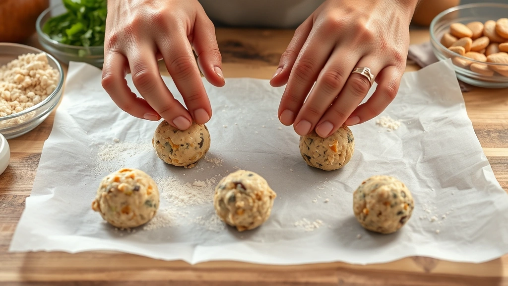 process: Hands rolling protein ball mixture into spheres on parchment paper with ingredients visible in background, photorealistic, natural light, no text