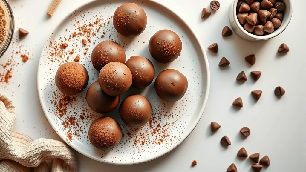 hero: overhead flat lay of chocolate-coated protein balls arranged on white ceramic plate with cocoa powder dusting and scattered mini chocolate chips, natural window light, soft shadows, no text