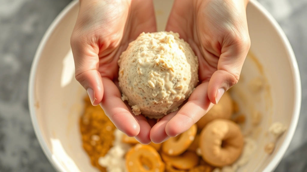 process: hands rolling protein ball mixture between palms over mixing bowl with ingredients visible, natural daylight, in-progress action shot, no text