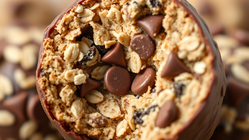 detail: close-up cross-section of protein ball showing interior texture with oats and chocolate chips visible, chocolate coating glossy and rich, shallow depth of field, no text