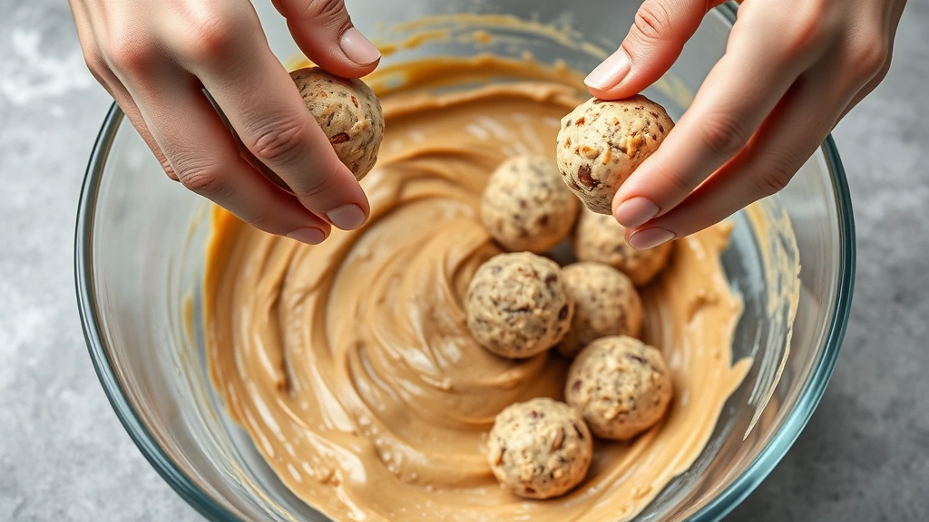process: hands rolling protein ball mixture into spheres, peanut butter base visible in bowl, photorealistic, natural soft lighting, no text