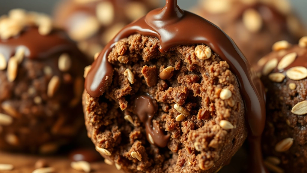 detail: close-up of chocolate-dipped protein ball with dripping chocolate, showing texture of oats and cocoa, photorealistic, warm natural light, no text