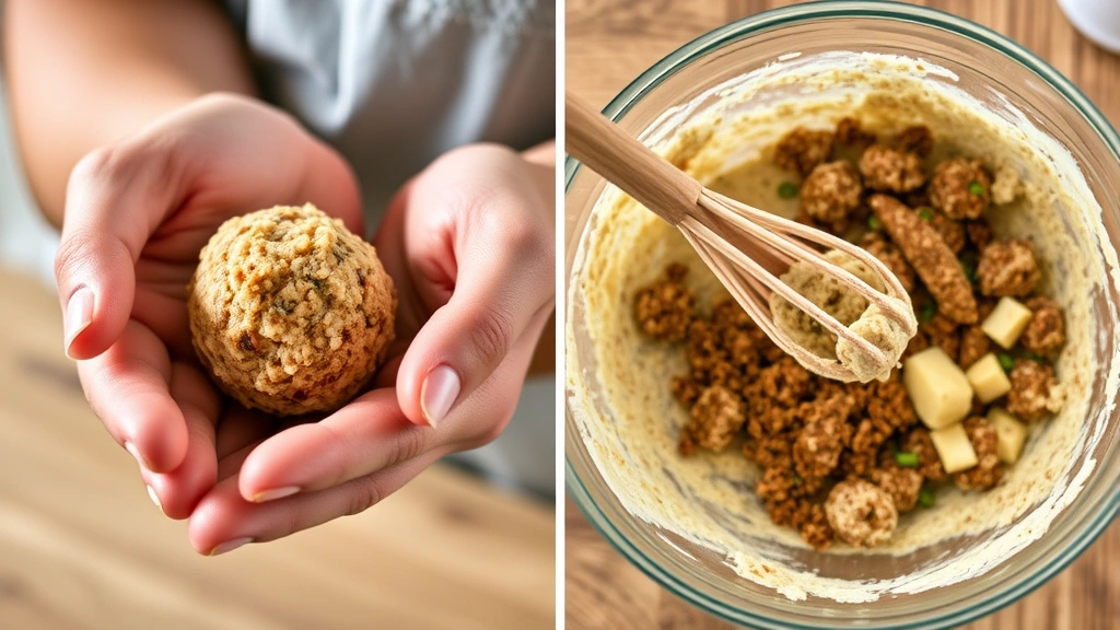 process: hands rolling protein ball mixture between palms, close-up of mixing bowl with ingredients, natural kitchen lighting, authentic preparation moment, no text