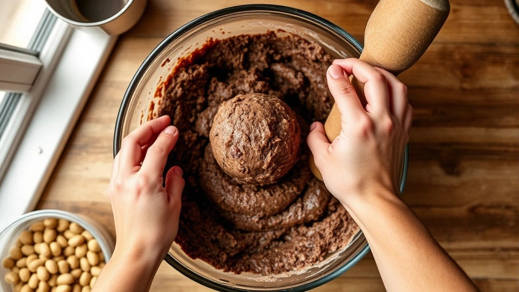 process: hands rolling chocolate protein ball mixture, showing texture and consistency, overhead angle, natural window light, authentic kitchen setting
