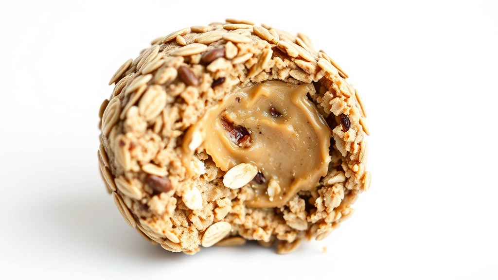 detail: close-up cross-section of protein ball showing layers of oats seeds and nut butter, white background, macro photography, natural soft lighting
