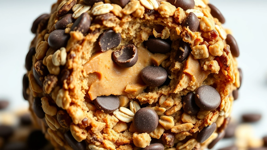detail: close-up cross-section of protein ball showing layers of peanut butter, oats, and chocolate chips, photorealistic, macro photography with natural side lighting, no text