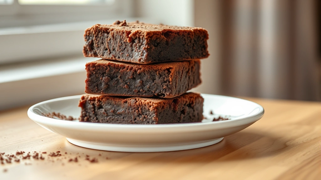 hero: stack of three fudgy protein brownies on a white plate with chocolate powder dusted on top, photorealistic, warm natural window light, shallow depth of field, no text