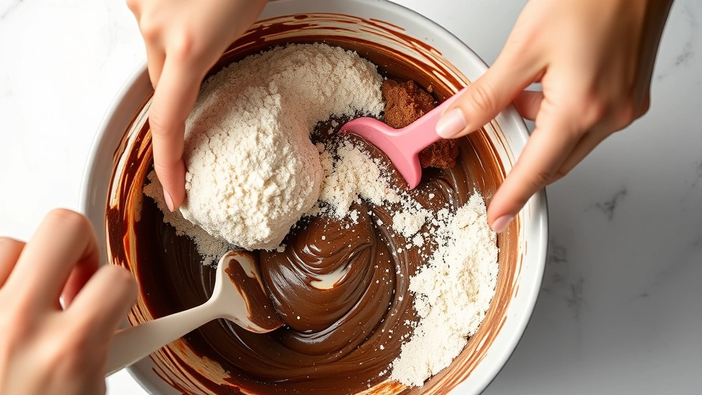 process: hands folding dry ingredients into chocolate batter in a mixing bowl with a rubber spatula, photorealistic, bright kitchen lighting, overhead angle, no text