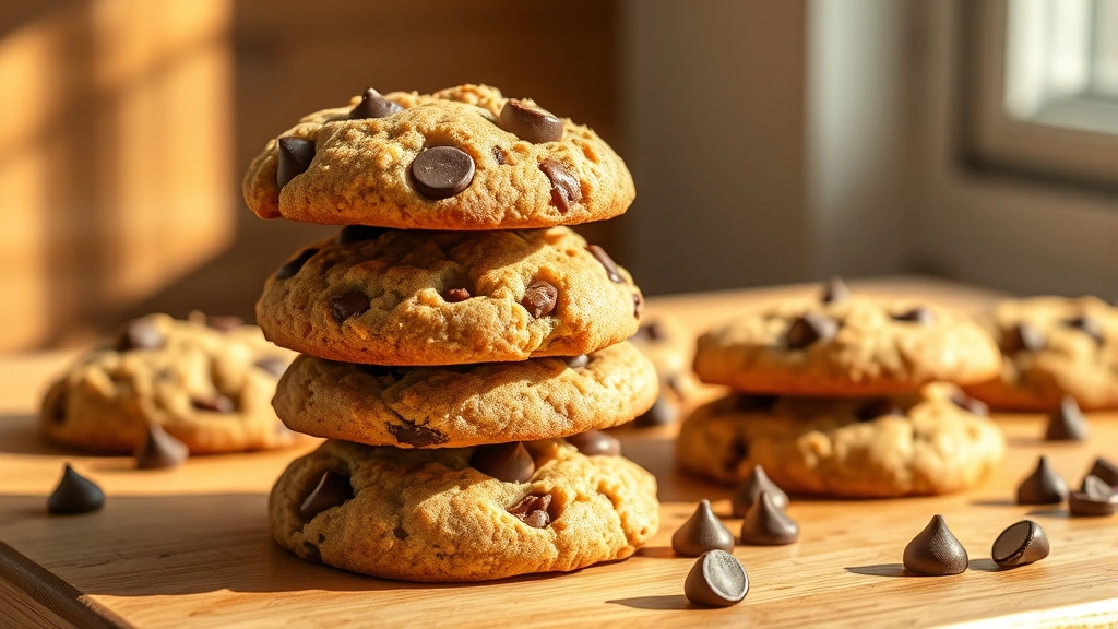 hero: golden brown protein cookies stacked with chocolate chips visible, warm natural sunlight streaming across wooden surface, fresh from oven, appetizing and homemade looking, no text or watermarks