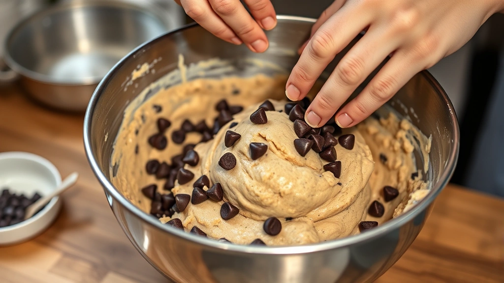 process: hands mixing cookie dough in stainless steel bowl with chocolate chips being folded in, warm kitchen lighting, mid-baking preparation, photorealistic and inviting, no text