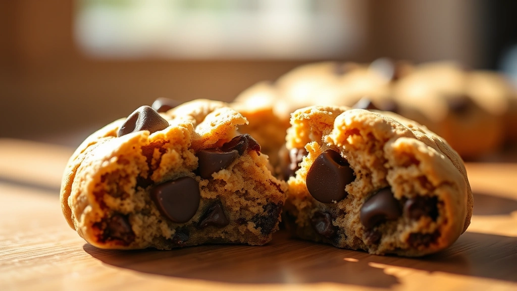 detail: close-up macro shot of single protein cookie broken in half showing chewy interior and chocolate chip cross-section, shallow depth of field, bright natural window light creating shadows, professional food photography style, no text
