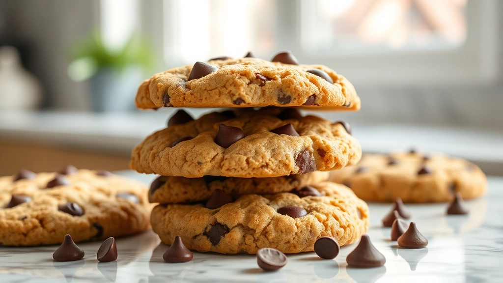 hero: golden brown protein cookies with chocolate chips stacked on a marble countertop, soft natural window light, fresh and inviting