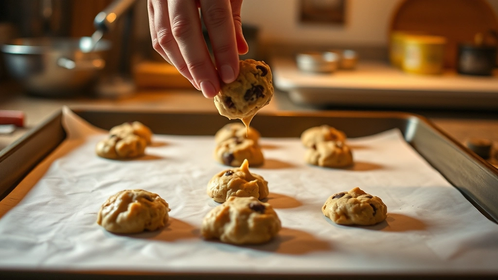process: hands dropping cookie dough onto parchment-lined baking sheet, warm kitchen lighting, mid-baking action shot