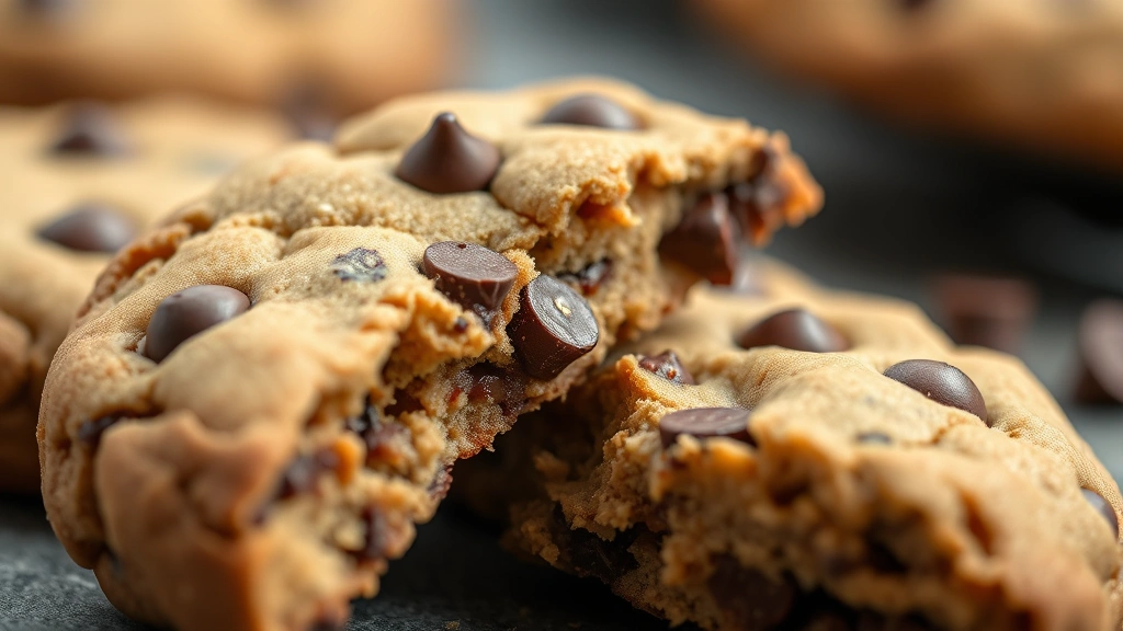 detail: close-up of chocolate chip protein cookie broken in half showing chewy texture, natural light, shallow depth of field