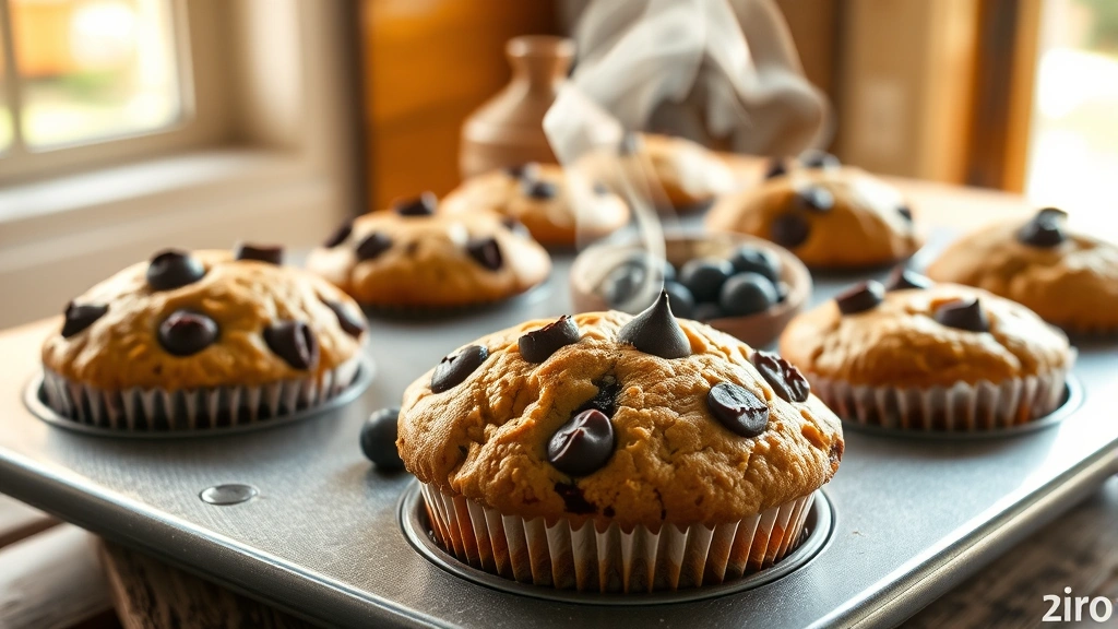 hero: golden-brown protein muffins in muffin tin with chocolate chips and blueberries, steam rising, warm natural window light from left, rustic wooden surface, fresh and appetizing