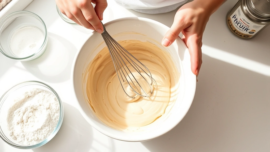 process: hands folding batter in white ceramic bowl with whisk nearby, flour and protein powder visible, bright kitchen counter, natural daylight, in-progress baking scene