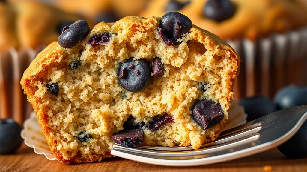 detail: close-up cross-section of protein muffin showing fluffy crumb structure with chocolate chips and blueberries, fork beside, shallow depth of field, warm studio lighting