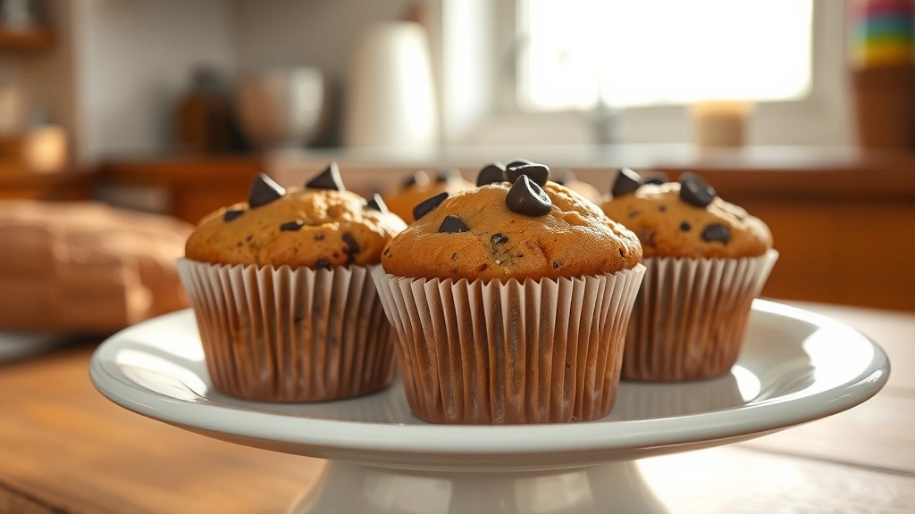 hero: Fresh protein muffins in paper liners arranged on a white ceramic plate, chocolate chips visible on top, morning sunlight streaming through a window creating warm shadows, rustic farmhouse kitchen setting, shallow depth of field