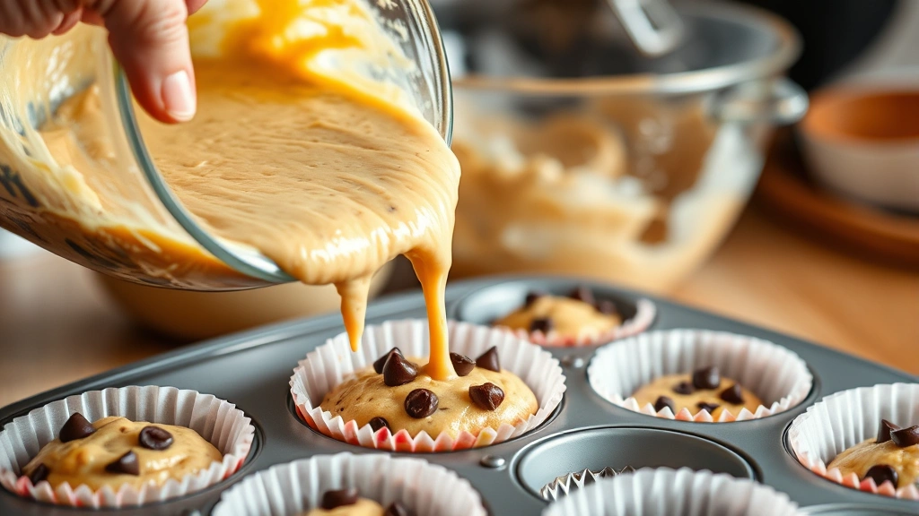 process: Hands pouring golden muffin batter into paper-lined muffin tin, mixing bowl with remaining batter in background, warm kitchen lighting, close enough to see batter texture and chocolate chips