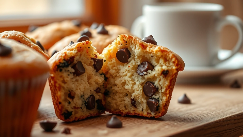 detail: Close-up macro shot of freshly baked muffin broken in half showing tender fluffy crumb structure and melted chocolate chips, natural window light, blurred background with coffee cup