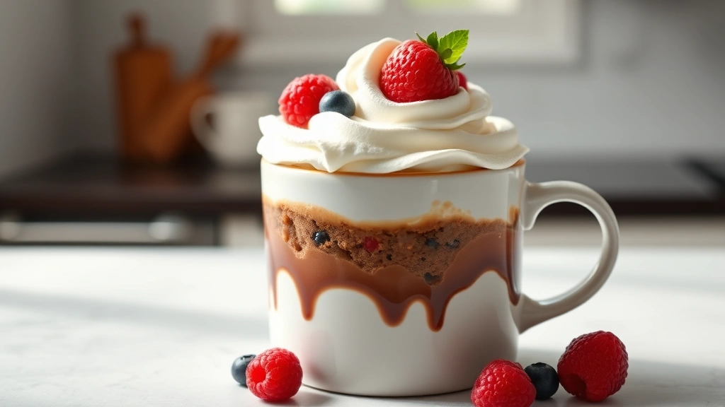 hero: fluffy chocolate protein mug cake topped with whipped cream and fresh berries, microwave-safe mug, photorealistic, natural window light, minimalist kitchen background, no text