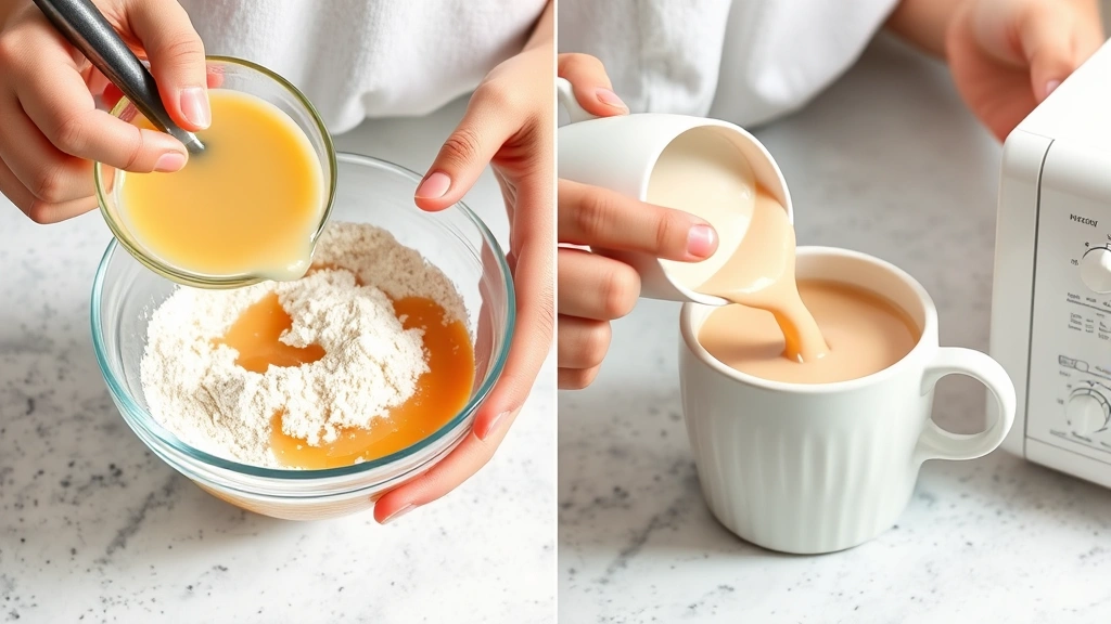 process: hands mixing wet and dry ingredients in small bowls, pouring batter into microwave-safe mug, photorealistic, bright natural light, close kitchen counter view, no text