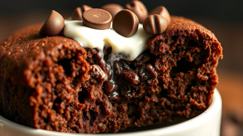 detail: close-up cross-section of moist chocolate protein mug cake showing tender crumb structure, topped with yogurt and chocolate chips, photorealistic, warm soft lighting, no text