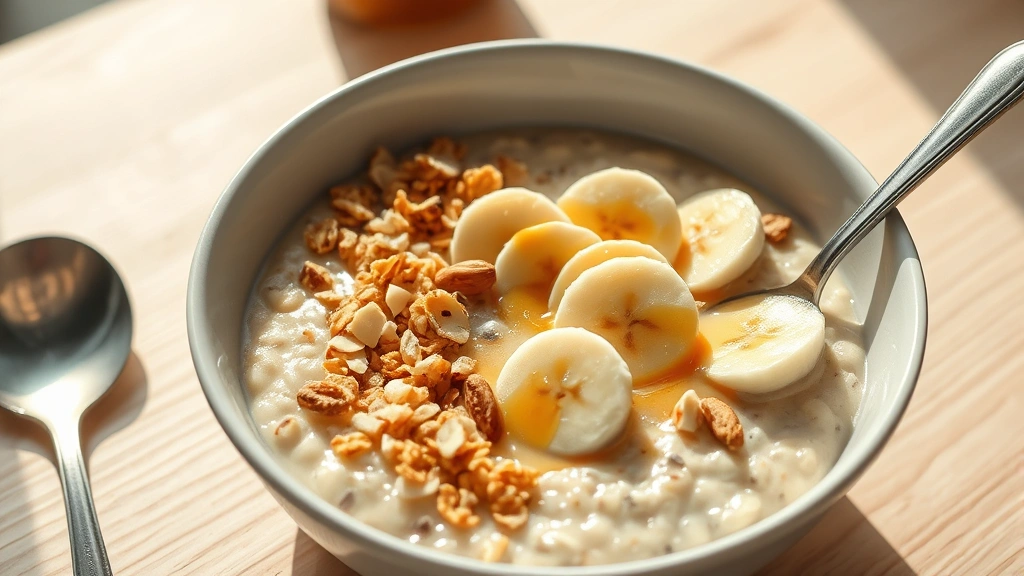 hero: A beautiful bowl of creamy vanilla protein oatmeal topped with sliced banana, granola, crushed almonds, and a honey drizzle, photorealistic, natural morning sunlight streaming across the bowl, no text, on a light wooden table with a vintage spoon