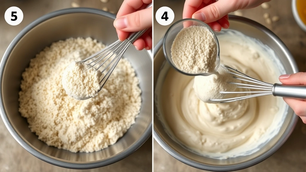 process: Hands whisking protein powder with hot oatmeal in a stainless steel bowl, protein powder creating a smooth paste, photorealistic, natural kitchen lighting, no text, showing the crucial mixing technique
