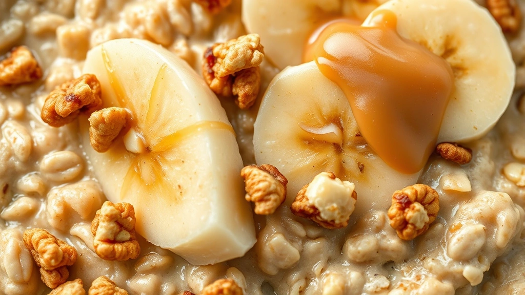 detail: Close-up macro shot of protein oatmeal texture showing creamy oats with granola pieces, sliced banana, and almond butter swirled throughout, photorealistic, natural light highlighting the rich colors and textures, no text