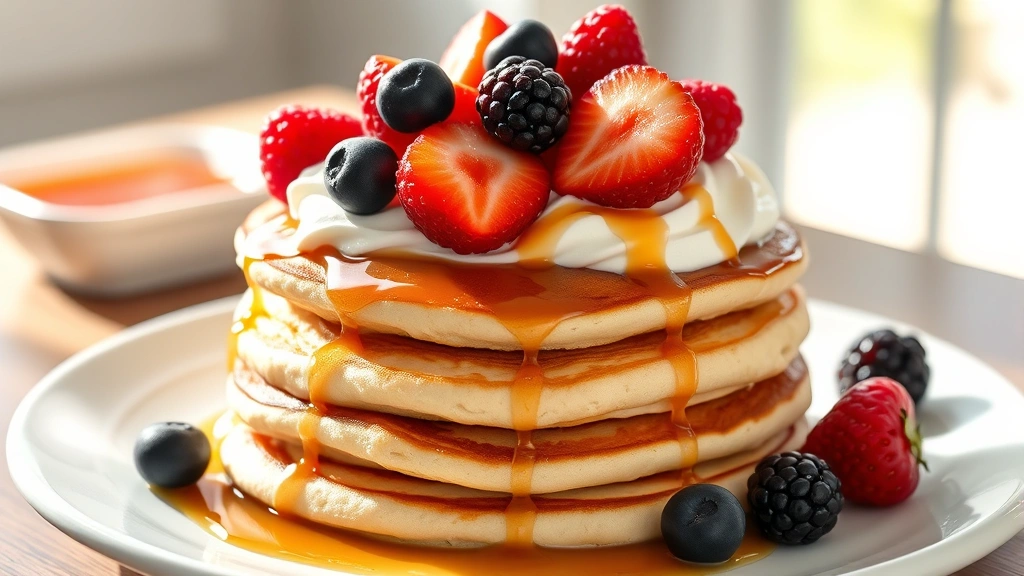 hero: stack of fluffy protein pancakes topped with fresh berries, whipped cream, and maple syrup drizzle, photorealistic, natural morning light streaming across, no text