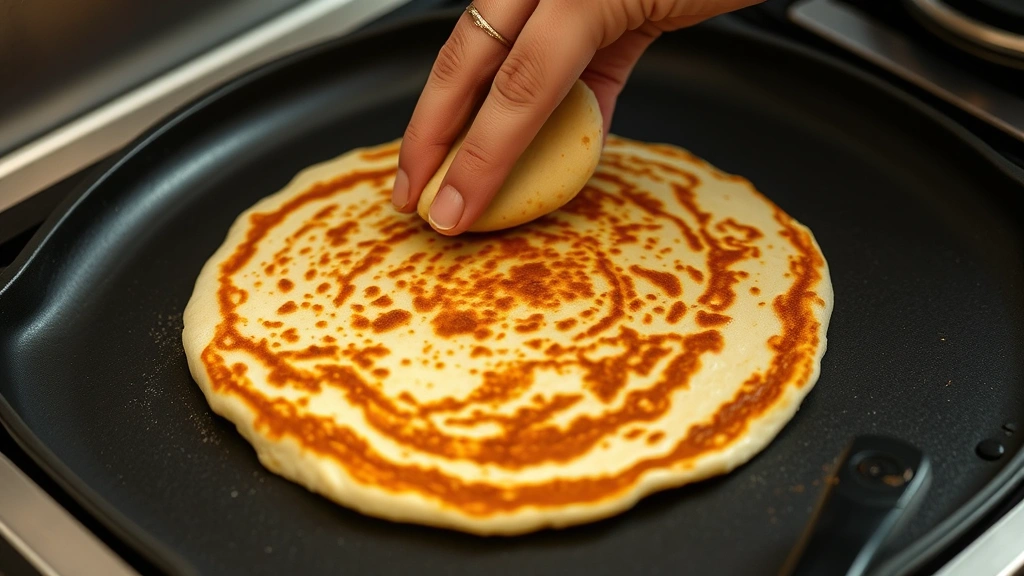 process: hand flipping protein pancake on griddle mid-flip, golden brown exterior visible, photorealistic, natural kitchen light, no text