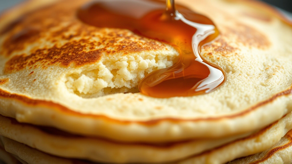 detail: close-up of perfectly cooked protein pancake showing fluffy interior texture with syrup pooling on top, photorealistic, natural light, no text