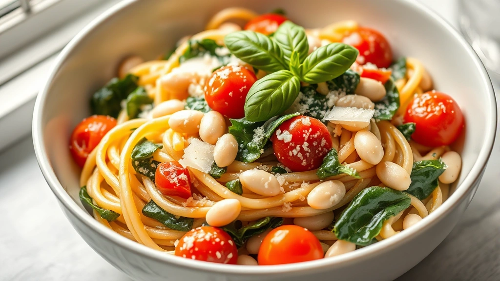 hero: creamy protein pasta with spinach, cherry tomatoes, and white beans in a white bowl, photorealistic, natural window light, garnished with fresh basil and Parmesan, no text