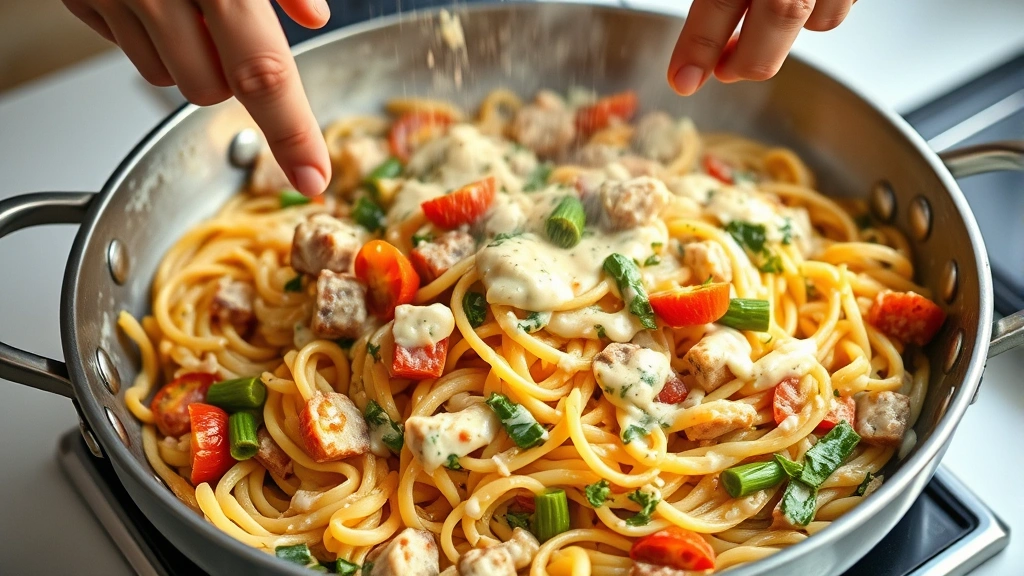 process: hands tossing protein pasta with vegetables and creamy sauce in a large skillet, photorealistic, warm kitchen lighting, no text
