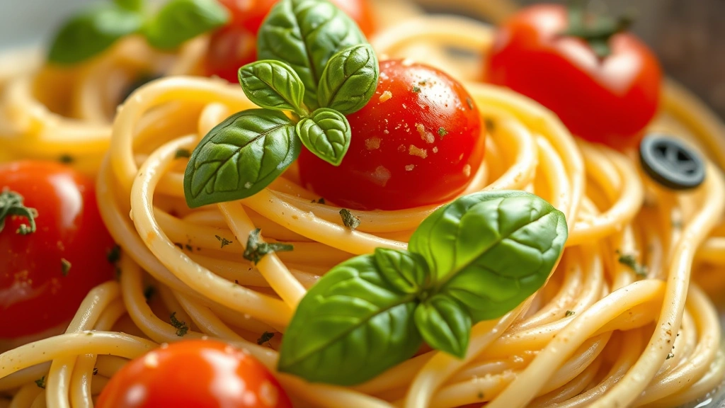 detail: close-up of protein pasta noodles coated in creamy sauce with visible cherry tomatoes and fresh basil on top, photorealistic, natural light, shallow depth of field, no text